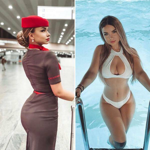 Hot Flight Attendants With And Without Their Uniform