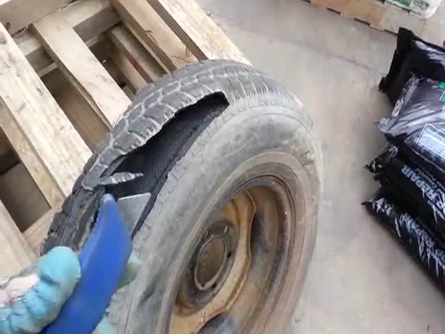 Stupid Guy almost Kills Himself with a Tire and a Box Cutter (VIDEO)